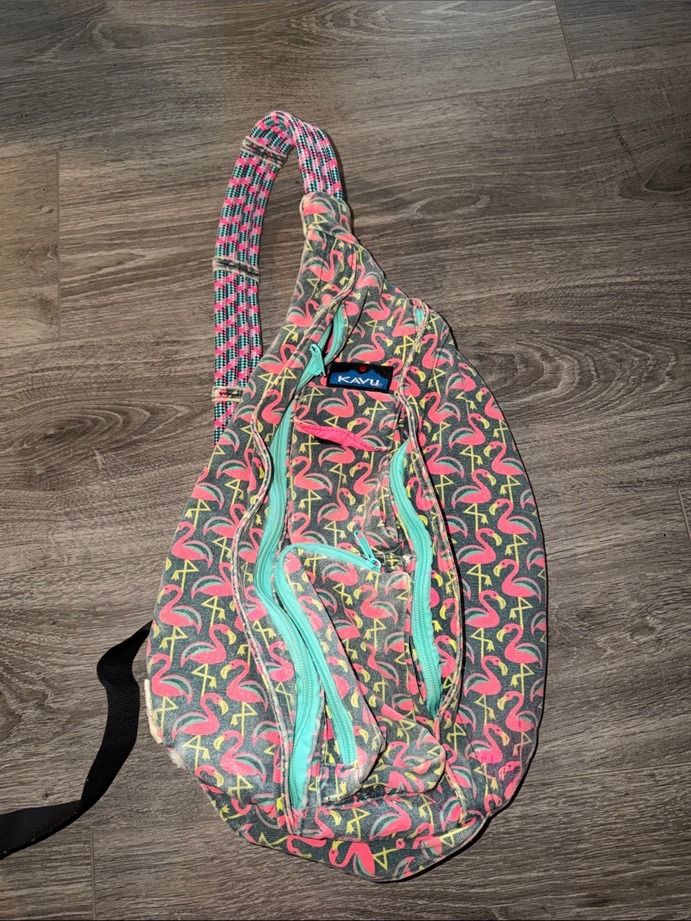 Kavu Flamingo Print Sling Pack with Mint Trim